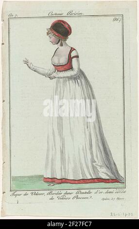 Journal des Dames et des Modes, Costume Parisien, 24 janvier 1799, an 7 (86) : Toque de Velours (...) Frau, die nach links geht, mit einer Haube aus Samt auf dem Kopf, mit goldener Seite beschnitten. Sie trägt ein Gerinnsel mit einem 'emi Korsett' aus Samt. Flacher Schuh mit spitzer Nase. Der Bildunterschrift zufolge wurde diese Schau in der 'Opéra, 27 Nivellierung' zum Leben erweckt. Der Druck ist Teil des Modemagazins Journal des Ladens et des Modes, herausgegeben von Sellèque, Paris, 1797-1839. Stockfoto