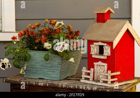 Eine Nahaufnahme von einem roten handgefertigten Bauernhaus Modell neben einem Topf mit Stiefmütterchen und Chrysantheme (Mama) Blumen platziert. Es ist eine Vintage stilvolle Veranda Deko Stockfoto