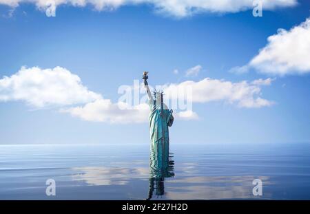 Freiheitsstatue in New York City, futuristische digitale Illustration Flut in New York Anstieg des Meeresspiegels aufgrund des Klimawandels globale Erwärmung Konzept Stockfoto