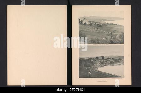 Gezicht op Sakshaug traf Twee Kerken an Een Haven in Inderøen; Sakshaug alten und neuen Kirchenstrom, Inderøen .. Stockfoto