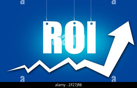 Ein 3D Rendering von Return on Investment-Konzept mit Weiß Pfeil auf blauem Hintergrund Stockfoto