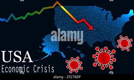 Eine 3D Darstellung eines Pfeils, der die Wirtschaftskrise in anzeigt Die USA-Karte aufgrund der COVID-19-Pandemie Stockfoto