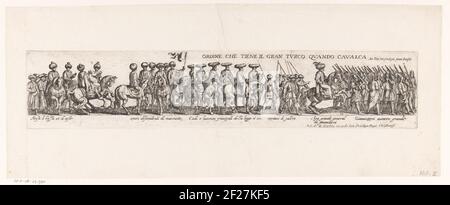 Kavalkade für die Abfahrt von einem Sultan; Ordine Che Tienen Il Gran Turco Quando Cavalca. Teil einer Parade mit Soldaten zu Pferd und zu Fuß Soldaten, wegen der Abreise eines Sultans. Bildunterschriften in italienischer Sprache im Undermaster. Stockfoto