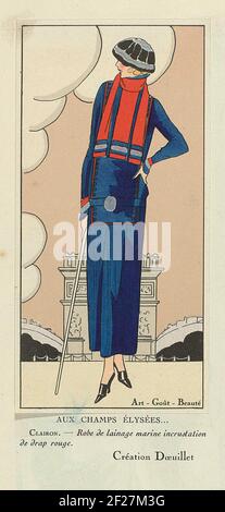 Kunst - Geschmack - Schönheit, Flugblätter weiblicher Eleganz, Januar 1924, Nr. 41, 4th Jahr, S. 14: Auf den Champs Elysees.Frau in einem Marine Blue Wool Kleid und rotem Blatt, von Dooillet. Teil einer Seite aus der Modelijdschrift Art-Taste-Beauty (1920-1933). Stockfoto