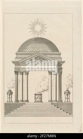Erepoort aan de Haarlemmerpoort, 1816.Erpoort in Form eines Tempels mit Kuppel und sechs Säulen, mit einer strahlenden Sonne auf der Oberseite. Gegründet am Haarlemmerpoort. Illustration der Dekorationen, die beim Besuch der Prinzessin von Oranien in Amsterdam am 19. September 1816 vorbereitet wurden. Stockfoto