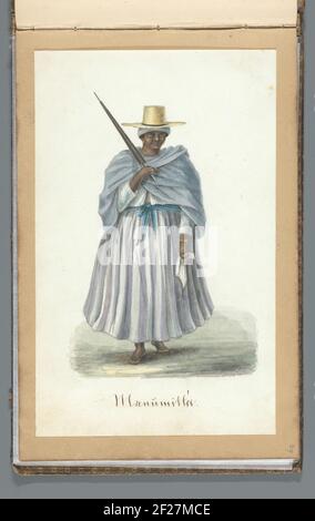 Vrijgemaakte slavin; 'Manumittée'; Album met tekeningen van Suriname, p,29 (50).Suriname-Frau in hellblauem Rock, weißer Bluse und hellblauem Schal. Sie trägt einen Hut aus Stroh. In ihrer linken Hand ein weißes Taschentuch, ein schwarzer dichter Sonnenschirm oder Regenschirm in ihrer rechten Hand. Sie ist barfuß. Angesichts der Bildunterschrift ist sie ein freigegebenes Sklavenmädchen. Stockfoto