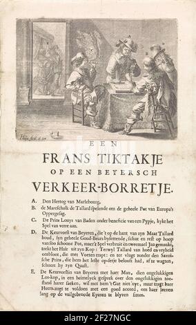 Der Herzog von Marlborough spielt um einen Tisch, Marlalk de Tallard, Ludwig Wilhelm von Baden und Keurvorst Maximiliaan II. Emanuel aus Bayern Triktrak. Ludwig Wilhelm von Thermen raucht eine Pfeife. Links in einer unterschwelligen Abfahrt Keurvorst Maximiliaan II. emanuel aus Bayern mit seiner Frau am Bett. Karikatur über die Machtverhältnisse zur Zeit des Spanischen Erbfolgekrieges. Am unteren Rand des Randes eine Erklärung auf Niederländisch über die verschiedenen Leute. Stockfoto