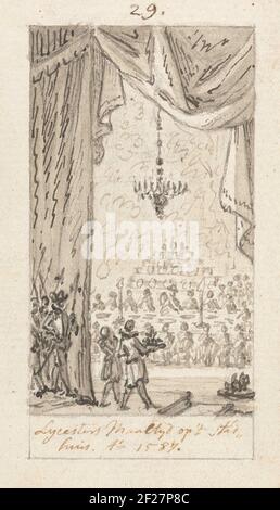 Leicesters maaltijd op het stadhuis te Amsterdam, 4. oktober 1587.Mahlzeit des Grafen Leicester auf dem Rathaus in Amsterdam, einschließlich Bürgermeister P.C. Baum der Angriff von Leicester auf die Stadt Veriljes, 4. Oktober 1587. Design für einen Druck. Stockfoto