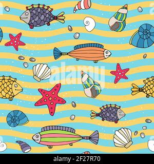 Nahtloses Vektor-Muster des Meereslebens an der Küste mit Wellige abwechselnd blaue und gelbe Linien, die die Wellen darstellen Und Sand mit verstreuten Muscheln Stock Vektor