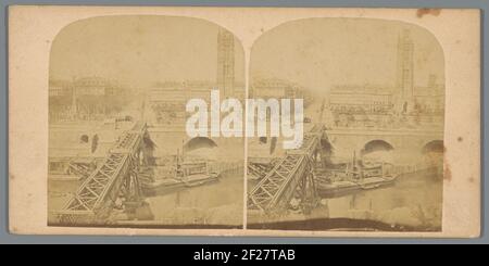 Blick auf den Wiederaufbau der Pont Au Change in Paris im Jahr 1858 .. Stockfoto