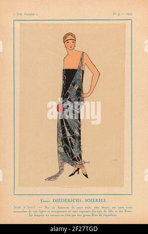 très Parisien, 1923, Nr. 3: Tissus Diéderichs-Soieries / Soir d'Aout .... Abendkleid: Über einem schwarzen Satin Fourreau eine dünne und transparente Seide Musselin mit Ecken und Blumen bedruckt. Die Draperie wird von einer großen Mohnblume an der Seite zusammengehalten. Stoffe aus Diéderichs-Soieries. Zubehör: Stirnband, Pumpen. Druck aus dem Modemagazin Très Parisien (1920-1936). Stockfoto