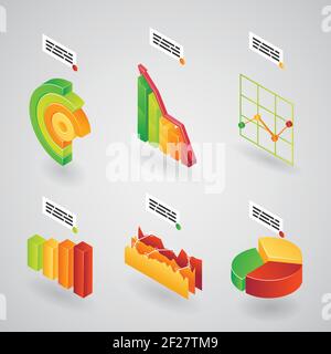 Bunte Sammlung von 3D analytischen Diagrammen Balkendiagramme und Torten Diagramme für Infraphics, die an einer Winkelvektordarstellung ausgerichtet sind Stock Vektor