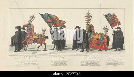 Leiche Willems IV., 1752, Tafel 21; Bataille Horse / Big Standard / Parade Horse (...); Lyk-Staetsie van Zyne brilliante Hoheit der Herr Willem [IV] Carel Hendrik Friso, Prinz von Oranien und Nassau ... statt in IV Februar 1752.Bataille Pferde und Parade und die Träger des Großen Standards und das Banner des Stadholder. Am Rand die Bildunterschrift auf Niederländisch, Französisch und Englisch. Teil einer Serie von 41 Platten der Bestattungsprozession oder Stadholder Willem IV. In Delft am 4. Februar 1752. Mit Beinen oben rechts: 21. Stockfoto