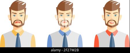 Vektor-Illustrationen von jungen bärtigen Mann zum Ausdruck bringen verschiedene Emotionen auf Weiß Stock Vektor