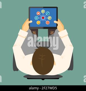 SEO-Infografiken auf einem Tablet-Computer mit einem verknüpften Diagramm Um einen Hub, der auf dem Bildschirm eines Handhelds sichtbar ist Gerät in den Händen eines Mannes aus OV Stock Vektor