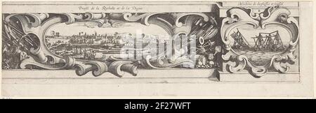 Beleg van La Rochelle, september 1627-oktober 1628 (randwerk, deel rechtsonder); Profil de la Rochelle et de la Digue / Machine de du plessis et vassal. Sechzehnter Teil (Rand, rechts unten) eines Abdrucks der Belagerung des Hugenot bolwerk La Rochelle in den Jahren 1627 und 1628, Die vom französischen König von der französischen Armee unter der Führung von Kardinal Richelieu durchgeführt wurde. Auf dieser Klinge rechts eine Darstellung einer Holzstruktur im Meer und in der Mitte / verbindet eine Show (umgeben von militärischen Attributen) des Deiches, den Richelieu vor dem Eingang zum Hafen gebaut hatte Stockfoto