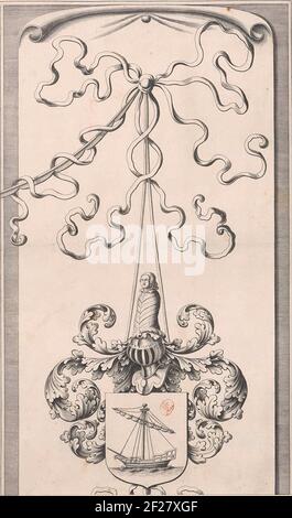 Linker Armrand einer Karte der Wasserbehörde des Bezirks Schieland (oberer Teil); Jacob Navander Wappen; die Hooge Heemraedschap van Schielandt.Wappen mit einem Schiff von Jacob Navander (1606-1661), ehemaliger Bürgermeister von Rotterdam und Hoogheemraad van Schieland's Hoogheemraad. Oberer Teil des linken Armrandes der ersten Ausgabe von 'The Hooge Heemraedschap van Schielandt'. Stockfoto