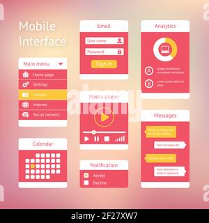 Schnittstellenelemente für mobile Anwendungen. Fenster listet Player-Kalender und Chat auf Stock Vektor
