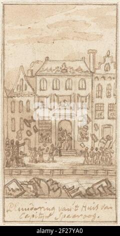 Plünderung des Hauses des Kapitäns Spaaroog während des Vortragsfortschritts des Sprechers in Amsterdam 1696 Plünderung durch eine wütige Menschenmenge des Hauses des Kapitäns Martinus Spaaroog an die Reguliersgracht während des Vortragsfortschritts des Sprechers in Amsterdam vom 31. Januar bis 1. Februar 1696. Design für einen Druck. Stockfoto