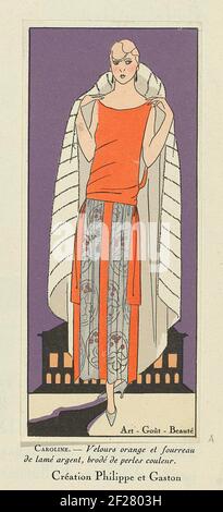 Kunst - Geschmack - Schönheit, Flugblätter der weiblichen Eleganz, Januar 1924, Nr. 41, 4th Jahr, S. 9: Caroline.-Creation Philippe und Gaston.Abendkleid und Cape von Philippe und Gaston. Teil einer Seite aus der Modelijdschrift Art-Taste-Beauty (1920-1933). Stockfoto