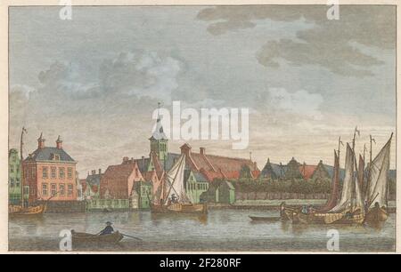 Oostzaan, ca. 1790; Kerk te Oost-Zaandam / Eglise à Oost-zaandam.Blick auf das Dorf Oostzaan, gesehen über das Wasser vom Zaan bis zur Grote Kerk, ca. 1790. Teil eines Blechs von ca. 1824-1825 mit 74 (unnummerierten) Platten der wichtigsten topografischen Gesichter und verschiedener Moral und Gewohnheiten im Vereinigten Königreich der Niederlande. Stockfoto