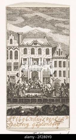 Plünderung des Kapitäns Spaaroog während des Vortragsfortschritts des Redners in Amsterdam, 1696. Zusammenbruch durch eine wütende Menge des Hauses von Kapitän Martinus Spaaroog zur Reguliersgracht während des Vorfalls des Sprechers in Amsterdam, 31. Januar bis 1. Februar 1696. Stockfoto