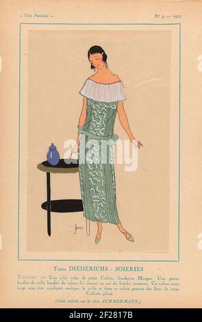 Très Parisien, 1923, Nr. 3: Tissus Diederichs - Soieries. Du. - Une Jolie Robe .... Stoffe aus Diederichs-Soieries. Ein schönes Kleid von 'Crepe colette' mit Stickerei 'Margot'. Eine kleine Berthe von Tulle mit Band. Ein Band betont die Taille, durch seine Streifen von plissierten 'Kreppenkolleget' geschoben. Diese Toilette wurde von Zimmerman entworfen. Druck aus dem Modemagazin Très Parisien (1920-1936). Stockfoto