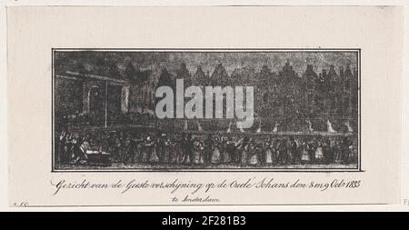 Gezicht van de Geeste verschijning op de Oude Schans den 8 en 9 Okt.r 1833 te Amsterdam.Auftritt von Spirituosen auf der Oudeschans in Amsterdam, am Abend des 8. Und 9. Oktober 1833. Die geisterhaft weißen Schatten der Frauen in langen Gewändern ziehen entlang des Kais. Im Vordergrund und auf der Brücke sammelten sich die Zuschauer. Die 'Geister' wurden von allen Schülern mit magischen Laternen-Bildern produziert. Stockfoto