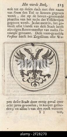 Wapenschild van het dorp Vronen in West-Friesland.Wappen mit einem doppelköpfigen Adler mit Schwert. Diese Waffe des 1297 zerstörten westfriesischen Dorfes wurde von Nicolaas Vorstius gefunden. Über und unter dem Drucktext im Buchdruck. Stockfoto