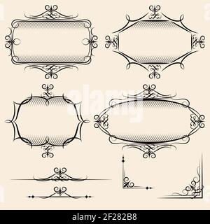 Vier elegante Vektor-Vintage-Rahmen mit Schattierung Detail und Schnörkel Für die Verwendung als dekoratives Element auf Handschriften im Oval Und rechteckiges Format Stock Vektor