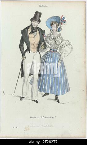 La-Modus, 1830, Pl. 76 : Toilette de Promenade. 'Toilette der Promenade'. Mann und Frau, bewaffnet, beide im Wanderanzug. Mann: Jacke, Strickjacke und Spanbroek mit breiten ausgestellten Rohren. Geknüpftes Nackentuch. Zerknittert Jabot. Zubehör: Zylinderhut mit schmaler, erhöhter Kante, Handschuhe, Spazierstock, Schuhe mit eckigen Nasen. Frau: Bluse mit flachen Ärmeln Wette und Schaft Bolzen Ärmeln. Gestreifter Rock. Baldachin Hut mit gestreiftem Band in rot, weiß und blau. Weiteres Zubehör: Gestreifter Gürtel in rot, weiß und blau, Handschuhe, Stiefel mit eckigen Nasen. Drucken aus dem Magazin im La-Modus (1829-1855). Stockfoto