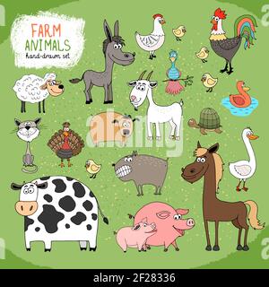 Set von handgezeichneten Nutztieren und Vieh mit einem schwarzen Und weiße Kuh Pferd Esel Schaf Schwein Ferkel Gans Ente Hahn Henne mit Küken gua Stock Vektor