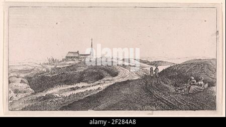 Duinlandschap bij Zandvoort; Figuren in landschappen.Ruhepartner mit Hund und zwei Wanderern in den Dünen bei Zandvoort. Eine Kirche im Hintergrund. Links unten nummeriert: 10. Die nummerierten Drucke sind als Serie von zehn Ausgaben. Stockfoto