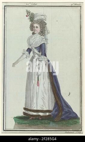 Neue Französisch und Englisch Neue Modi Store, 1. März 1789, pl. 3.Frau in einem "großen Schmuck" für den Winter: Lila Kleid mit Trail und weißen Rock, mit Marderfell getrimmt. Bereich in der linken Hand. Die Print ist Teil der 10th Cahier, 4th Jahr, aus dem neuen Französisch und Englisch neue Modi speichern. Die Serie besteht aus 172 Modedrucken, veröffentlicht von Buisson, Paris, 20. November 1786 - 21. Dezember 1789. Stockfoto