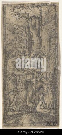 Abraham en de drie engelen; Verhalten uit het Bijbelboek Genesis.Abraham empfängt die drei Engel für sein Haus und kniet für sie. Sie versprechen ihm, dass er einen Sohn mit Sara bekommt. Sara hört direkt in der Tür zu. In der rechten oberen Ecke an der Fassade ein Hinweis auf Gen. 13 im Spiegelbild. Stockfoto