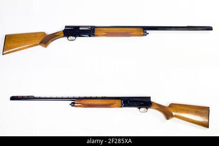 Fort Worth, Texas - Februar 2021 Nahaufnahme einer A5 Browning 12 Guage Schrotflinte vorne und hinten. Wurde das erste Design von John Browning im Jahr 1898. Stockfoto