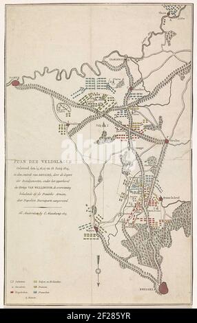 Plan der Schlachten in Quatre-Bras und Waterloo, 15-18. Juni 1815; Plan der Schlachten geliefert, um 15, 16, 17 und 18. Juni 1815 (...) durch die Armeen von Legierungen, unter dem obersten Kommando von Wellington, den Sieg an der Fransche Armës, geliefert von Napoléon Buonaparte. Ordner der Region zwischen Brüssel und Charleroi, wo zwischen dem 15-18. Juni 1815 in Ligny, Wavre, Quatre-Bras und Waterloo Schlachten zwischen den Armeen der Alliierten und der französischen Armee unter Napoleon waren. Die Gesetzgebung Der Armeen Ist Auf Der Karte Angegeben. Die verschiedenen Orte und Armeen mit Farben angegeben. Stockfoto