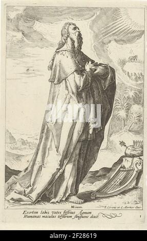 David mit Harfe, Krone und Zepter neben ihm. Der erste Druck aus der Reihe der Propheten und die Prophezeiungen aus dem Alten Testament verschmolzen. Stockfoto