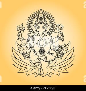 Lord ganesha indischer gott mit Elefantenkopf. Hinduismus und Tier, Krone und Lotus. Vektorgrafik Stock Vektor