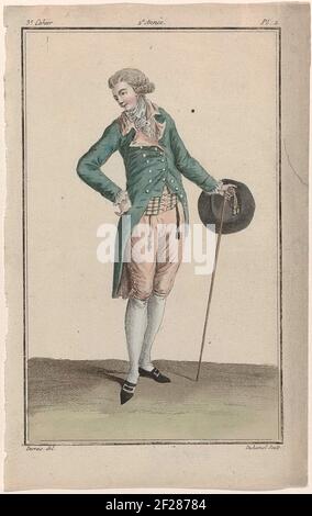 Neue französische und englische Nachrichtenmodi Store, 10. Dezember 1786, 2nd Jahr, 3rd Notebook, pl. 2.junger Mann, gekleidet in einer Reihe von grünem Satin mit einer doppelten Reihe von Knoten. Er trägt ein Nackentuch, karierte Weste, Kniehosen und Strümpfe. Faltiger Jabot und Manschetten. Zubehör: hut, Spazierstock mit Band und Bürsten, Breloques, Schuhe mit Schnallen. Der Druck ist Teil der 2nd Année, 3rd Cahier, aus der Serie Magasin des Modes Nouvelles Françaises et anglaises. Die Serie besteht aus 172 Modedrucken, herausgegeben von Buisson, Paris, 20. November 1786 - 21. Dezember 1789. Stockfoto