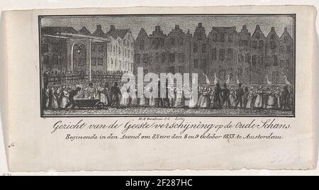 Gezicht van de Geeste verschijning op de Oude Schans. Beginn in den avond om 8½ ure den 8 en 9 October 1833. te Amsterdam.Auftritt von Spirituosen auf der Oudeschans in Amsterdam, am Abend des 8. Und 9. Oktober 1833. Die geisterhaft weißen Schatten der Frauen in langen Gewändern ziehen entlang des Kais. Im Vordergrund und auf der Brücke sammelten sich die Zuschauer. Die 'Geister' wurden von allen Schülern mit magischen Laternen-Bildern produziert. Stockfoto