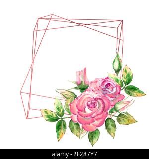 Der geometrische Rahmen ist mit Blumen verziert. Rosa Rosen, grüne Blätter, offene und geschlossene Blüten. Zarte Aquarelldarstellung Stockfoto