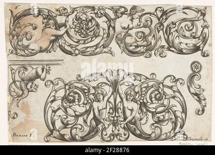 Friesisch, Konsole, Beispiel für Schlüssellochplatten und Detail; Diverses Pièces de Serruriers.das Friesische Oberteil besteht aus Blattreflexionen mit dem Oberkörper einer geflügelten Frau in der Mitte, die von einer Schlange in die Brust gebissen wird. Unten links ist eine Konsole mit einer grotesken Figur der Seite abgebildet, das symmetrische Beispiel für Schlüssellochplatten wird ebenfalls von zwei geflügelten Frauen flankiert. Ein Detail für schmiedeeiserne Arbeit wurde in der unteren rechten Ecke angewendet. Blatt 6 aus Serie der Titelseite, Klinge mit Zuordnung und 14 Blatt mit Teig und Schmieden, Schlüssellochplatten, Schlüssel, Türklopfer und Türknöpfe. Stockfoto