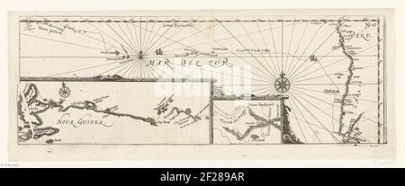 Karte der jacob le maire Tour zum Kap Hoorn, 1616; Kaert, Orte Voyagie, von Jacob Le Maire, beweist. Auf welche Weise die Voorsz Jacob Le Maire, durch eine neue straße, die Zuyt-Zee ist Ghecking, zu IF. Karte von der Reise von Jacob Le Maire zum Kap Hoorn, Januar 1616. Mit zwei Wetten mit Karten der Überfahrt um Feuerland und von der Nordküste Neuguineas. Teil der Illustrationen der australischen Navigation von Jacob Le Maire, aufgenommen in Joris Journey Report of Spilbergen to the world, 1614-1617, No. 23. Stockfoto