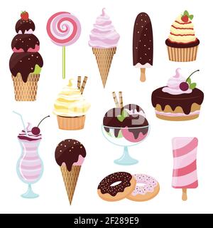Gebäck Kuchen und Eis Ikone Set mit einem Eis Cremekegel und Lolly Cupcake Kuchen Kekse Donuts Milkshake Dessert Und Lutscher mit Vereisung c Stock Vektor