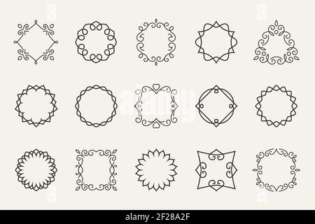 Vektorlinie Embleme und Abzeichen Rahmen für Logo und Etiketten. Dekorative Umrisse, Dekorationsform, Kontursymbol oder Stempel Stock Vektor