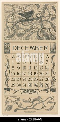 Kalenderblad dezember traf winterkoninkje; Winterkoning in Mistel; Kalender 1918 12 Lithografien Tür Th. v. Hoytema.in den Ecken die Positionen des Mondes an vier Tagen. Eine Reißleine am oberen Rand des Magazins. Stockfoto