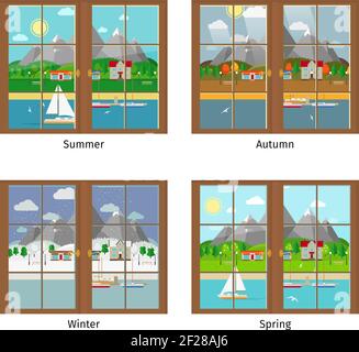 Vektorfenster in verschiedenen Jahreszeiten. Sommer und Herbst, Frühling und Winter, Fensterrahmen, Landschaft Berge Stock Vektor