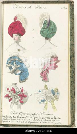 Petit Courrier des Ladies, 1830, Nr. 71 /? : Turban exécutée par m.r croizat .... Drei verschiedene Kopfbedeckungen, von vorne und hinten abgebildet, nummeriert eins bis drei. 1. Turban durchgeführt von croizat. 2. Baskenmütze aus Zilverlamé. 3. Mütze aus Tüll aus den Geschäften von Seuriot. Druck aus dem Modemagazin Petit Courier des Ladies (1821-1868). Gebunden (mit ein paar Seiten. Le Journal des Ladens et des Modes). 15. Januar 1827 bis 20. März 1830. Unvollständig. Stockfoto