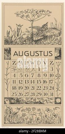 Kalenderblad augustus met leeuwerik en bloem; Kalender 1918 12 lithografien door Th. v. Hoytema.die Blume kann eine Brise Kralle sein. In den Ecken die Positionen des Mondes an vier Tagen. Eine Reißleine am oberen Rand des Magazins. Stockfoto